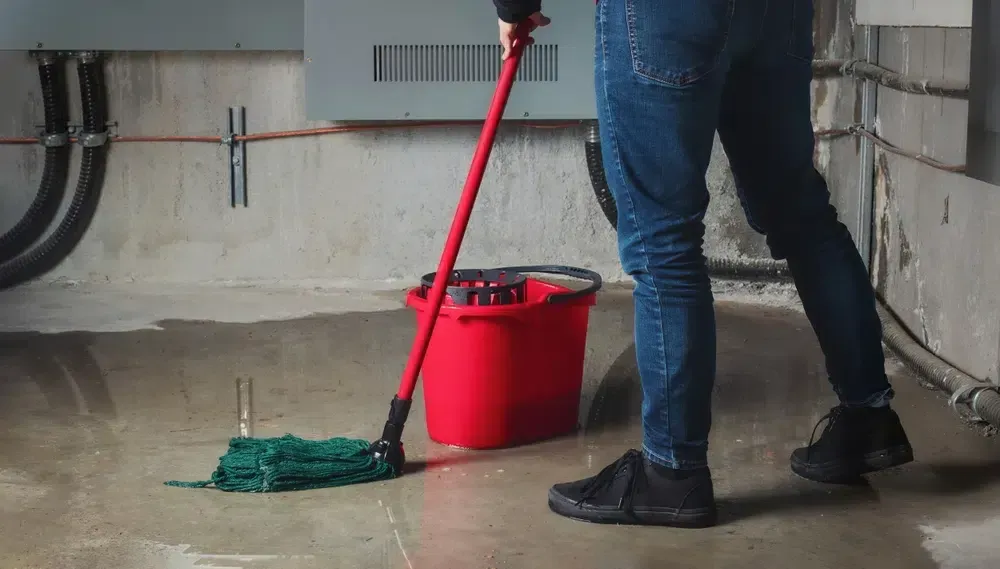 Person mopping a wet concrete basement floor with a red bucket and green mop