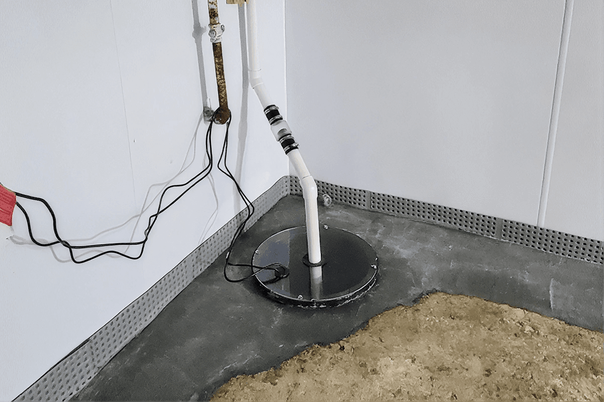 Submersible sump pump installed in basement floor drain with discharge pipes extending upward.